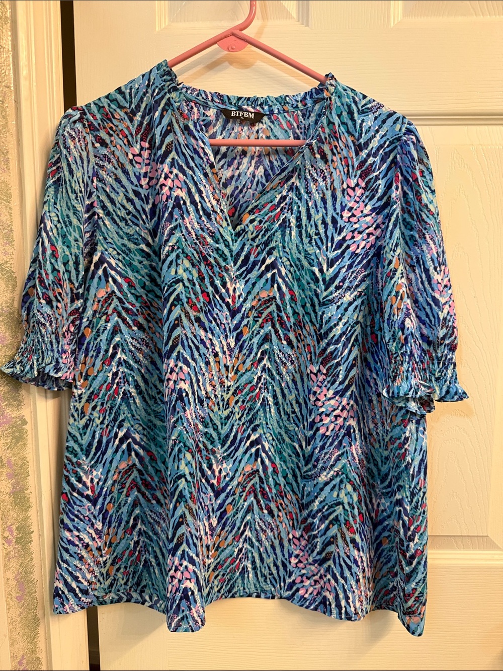 BTFBM Teal & Blue Patterned V-Neck Tunic